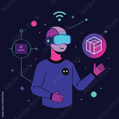 User Wearing VR Headset Interacting with AI Chatbot – Vector Illustration