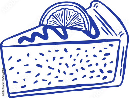 Hand draw slice of a cheesecake with lemon vector illustration. Doodle dessert cake isolated. Cafe pastry sketch style