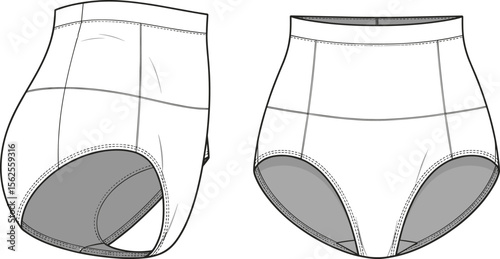 High waist underwear flat sketch, technical fashion vector, women’s intimate apparel cad drawing, lingerie front and back view, modern seamless brief design