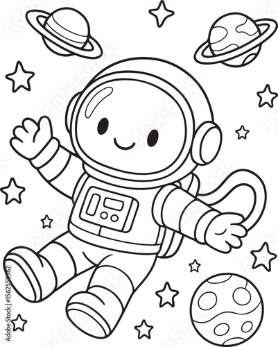Minimalist black and white cartoon of an astronaut floating joyfully in space surrounded by planets and stars