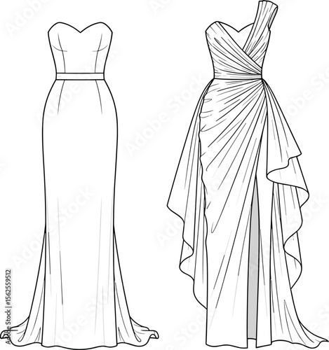 Evening gown fashion flat, elegant dress front and back sketch, draped one shoulder, strapless mermaid style, cad technical vector illustration for apparel