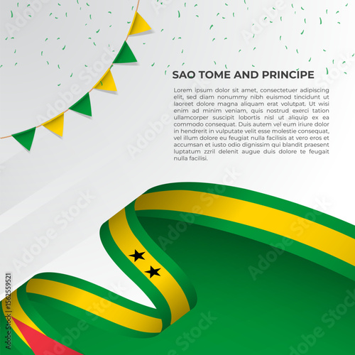 Abstract wavy flag of Sao Tome and Principe in ribbon style on white background. Design for Independence day, National Day. Vector Illustration