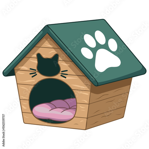 Cozy wooden pet house with green roof animal shelter vector