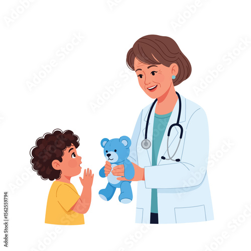 A friendly doctor giving a blue teddy bear to a young child.