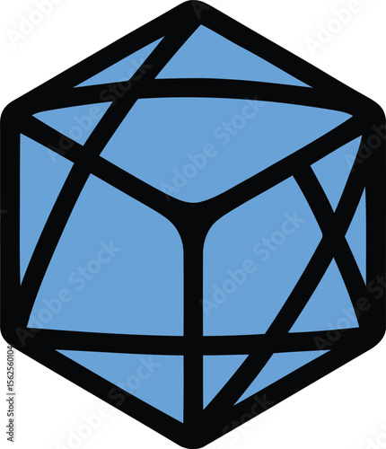 Icosahedron geometric shape, presents a stylized 3D form, isolated on white, graphic design, vector illustration, with outline.