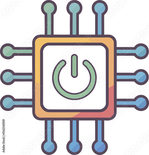 Computer processor flat icon displaying a power symbol, indicating system shutdown, isolated on white, with digital technology and microchip concept.