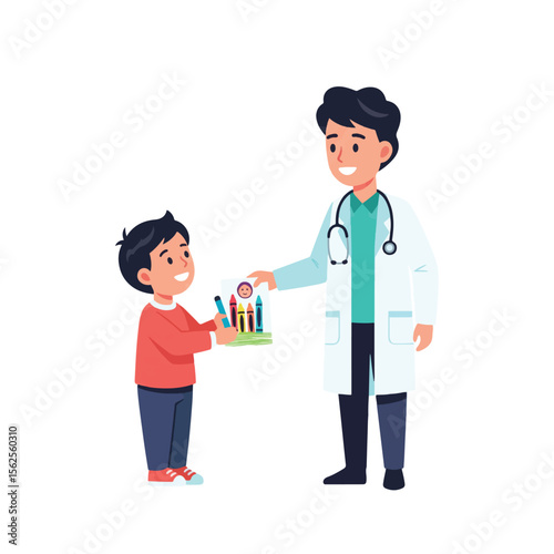 A doctor gives a child a tray of colorful medical tools. The boy is smiling and reaching for the tray.
