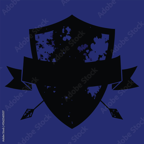 Shield symbol with crossbow arrows and grunge elements on deep blue background