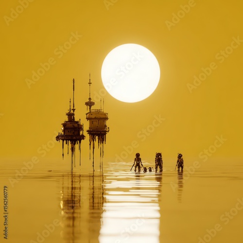 In a vibrant and abstract landscape melting fruit shaped servers float against a golden horizon. Robotic ants scurry with binary seeds as synthetic shadows dance in the glowing light