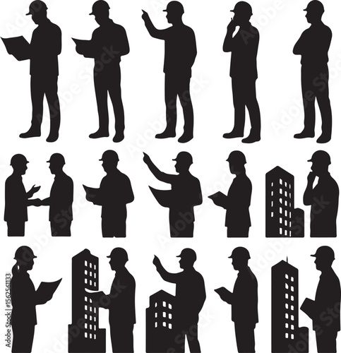 Silhouette illustration of construction workers and engineers discussing blueprints and inspecting buildings at a construction site