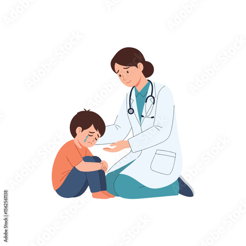 A compassionate doctor comforts a crying child, offering support and care in a reassuring medical setting.