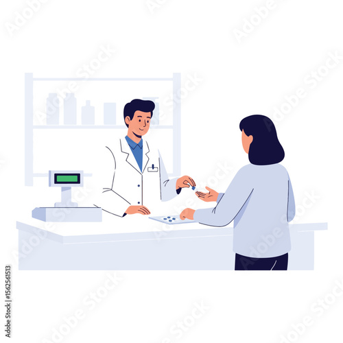 A pharmacist handing medication to a patient at a pharmacy counter.