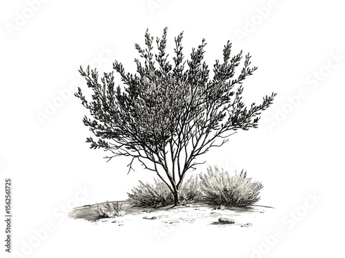 Hand-drawn Desert Ironwood Tree engraving, vintage botanical sketch, ironwood branches, old engraving style, nature art, eco-friendly wall decor, woodland vintage print, rustic tree illustration