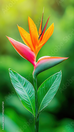 Minimal tropical, Vibrant bird of paradise flower illuminated by soft tropical light.