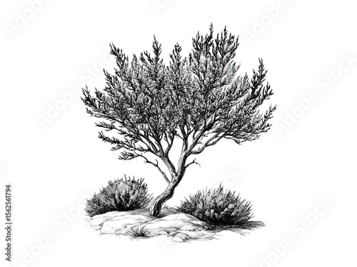 Vintage hand-drawn engraving of Desert Ironwood Tree, botanical sketch, ironwood branches, desert tree art, eco-friendly decor, woodland print, old engraving style, nature illustration
