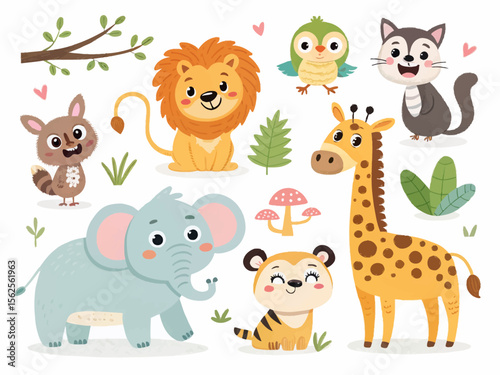A Delightful Collection of Adorable Cartoon Jungle Animals Including a Majestic Lion an Elephant a Giraffe a Cute Owl a Raccoon a Squirrel and a Tiger Cub