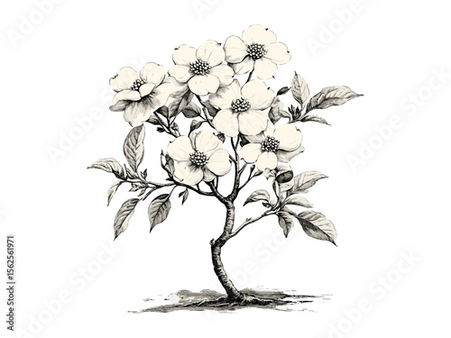 Vintage dogwood flowers engraving, botanical tree sketch, rustic floral print, hand-drawn black sketch, retro nature art, old style engraving, trendy spring tree illustration