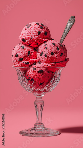 red ice cream in a sundae glass on a pink background