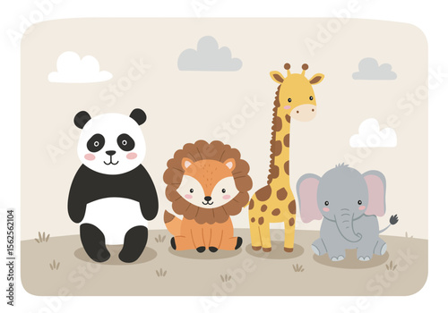 Adorable Baby Animals Gathered Together in a Safari Scene Enjoying a Sunny Day with Fluffy Clouds Above
