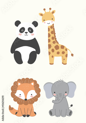 Adorable Cute Safari Animals Panda Giraffe Lion Elephant Together Illustration for Baby Nursery Decor
