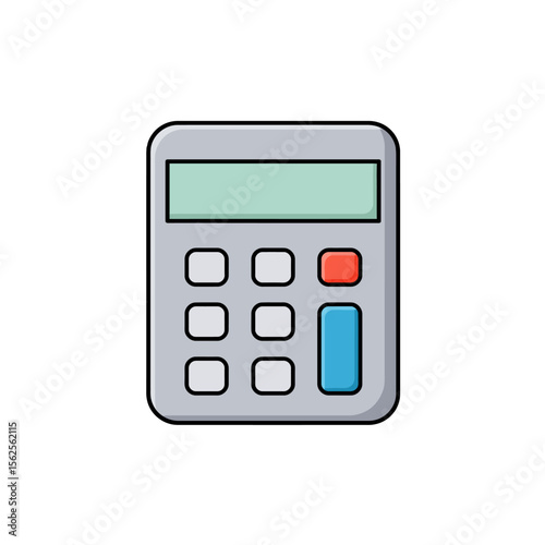 A simple gray electronic calculator with a green display screen and a red equals button representing basic mathematical operations and calculations