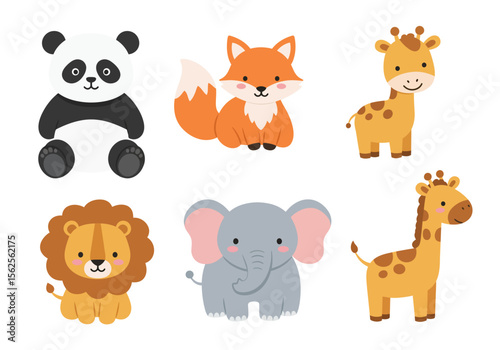 Adorable Collection of Cute Cartoon Forest Animals Featuring a Panda Bear A Playful Fox Two Gentle Giraffes A Majestic Lion and A Friendly Elephant in Whimsical Style