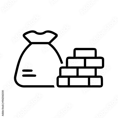 Cement bag and bricks in minimalist line art style  