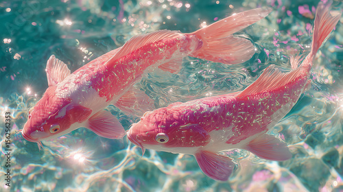 Pink koi carp fish swimming in crystal clear water