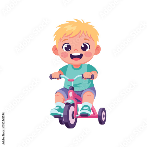 A cheerful young child joyfully rides a pink tricycle, smiling happily.
