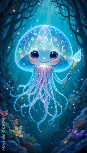 A cute jellyfish holds a magic wand in a whimsical forest