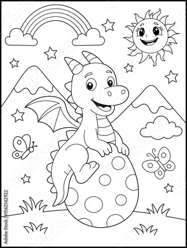 Illustration of a cute baby dragon cartoon character. Black and white Printable dragon coloring page for kids.	
