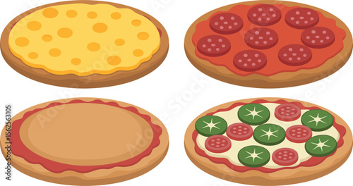 Side perspective pizzas with toppings in vector set including cheese pepperoni and veggies for food