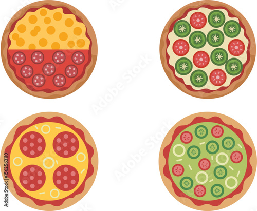 Top down vector pizzas with toppings including cheese pepperoni and vegetables for menu design use