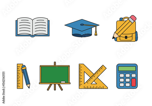 Collection of education and learning icons including a book graduation cap backpack ruler chalkboard pencil and calculator