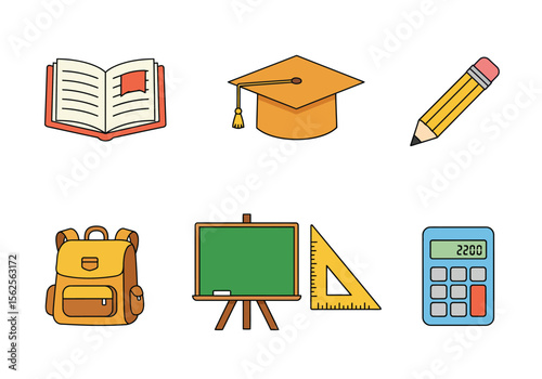 Collection of educational school supplies including an open book graduation cap pencil backpack blackboard with ruler and calculator for learning and knowledge acquisition