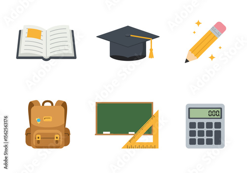 Collection of Essential School Supplies and Academic Symbols for Educational Institutions and Learning Environments