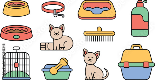 Vector set of flat colored pet accessories including bowl litter brush leash soap and travel box