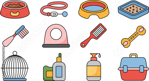 Cat accessories icon set with food bowl litter box collar comb cute cats hygiene items and carrier