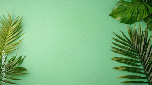 Minimal tropical, A vibrant green palm frond against a cornfield background.