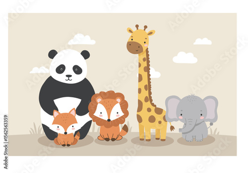 A delightful collection of cartoon animals including a panda fox lion giraffe and elephant in a charming outdoor setting