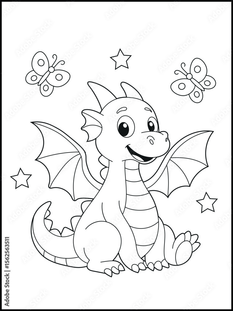 Fototapeta premium Illustration of a cute baby dragon cartoon character. Black and white Printable dragon coloring page for kids. 