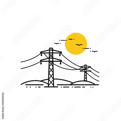 An illustration of electricity pylons and sun in the nature. 