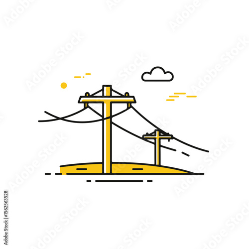 Electricity pylons and cables under blue sky.