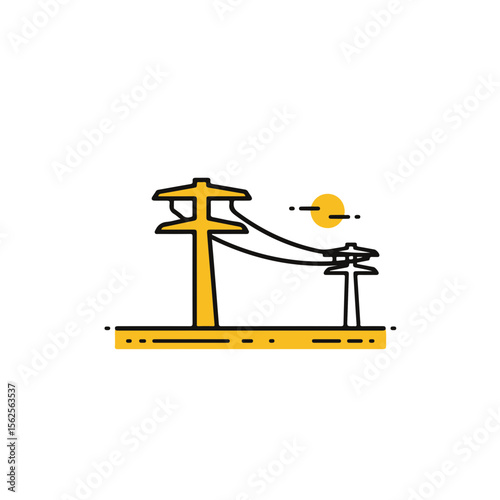 High voltage power lines and transmission towers against a sunny sky.