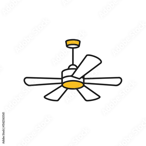 Simple illustration of a ceiling fan with yellow accents and white background.