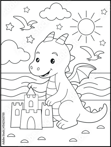 Illustration of a cute baby dragon cartoon character. Black and white Printable dragon coloring page for kids.	
