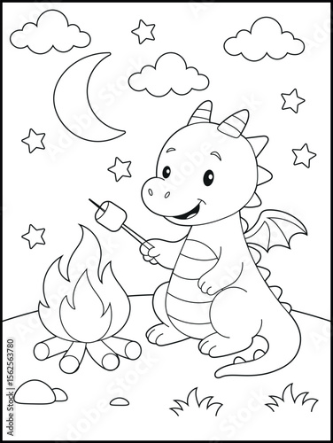 Illustration of a cute baby dragon cartoon character. Black and white Printable dragon coloring page for kids.	
