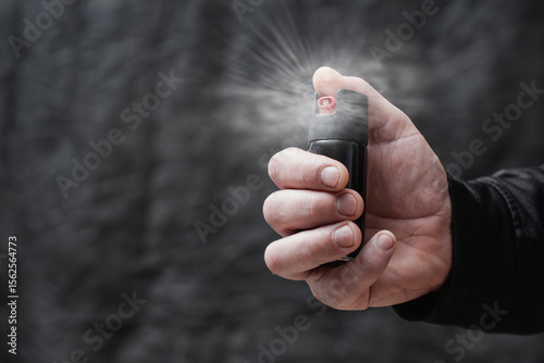 Bild auf Leinwand Close-up of a man hand pressing a pepper spray canister with visible aerosol release