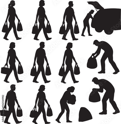 Silhouettes of People Shopping and Carrying Grocery Bags