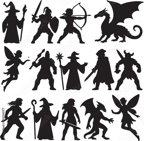 Silhouettes of Fantasy Characters Like Knights, Fairies, and Dragons